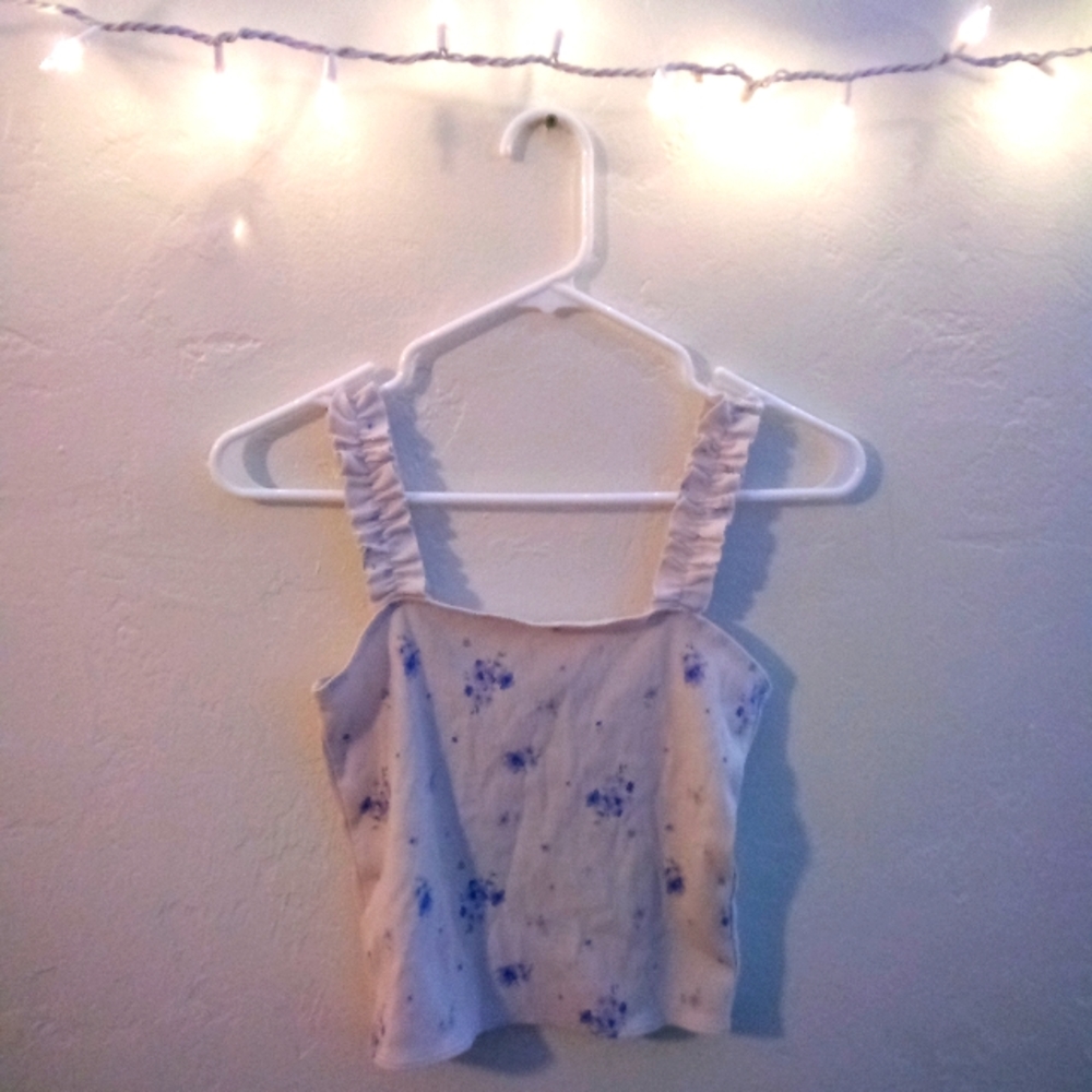Forever 21 Cute Ruffle Scrunch Strap Tank Crop Top Ribbed Floral Lavender Small